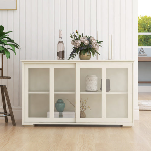 A white glass-door pantry cabinet with frosted glass panels and integrated LED lighting, featuring two doors and a slim profile suitable for a modern kitchen or dining area.