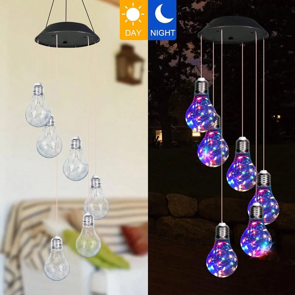 Solar-powered LED light bulb chandelier showing day and night functionality.
