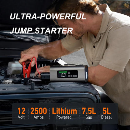 2500A Battery Jump Starter & 150PSI Air Compressor | Portable Emergency Power for Gas & Diesel Engines