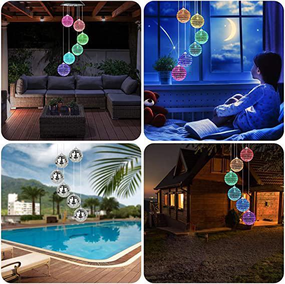 Collage of colorful hanging lights in various settings including a patio, bedroom, poolside, and cabin.