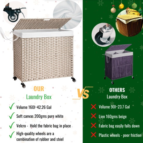 Viva Atelier Cascade 160L Rattan Laundry Hamper with Lid & Removable Bags