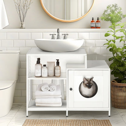 White Hidden Cat Litter Box Enclosure with Divider | Viva Haven