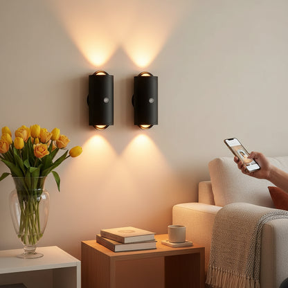 Two black wall lights on a wall with a color swatch and two white devices below.