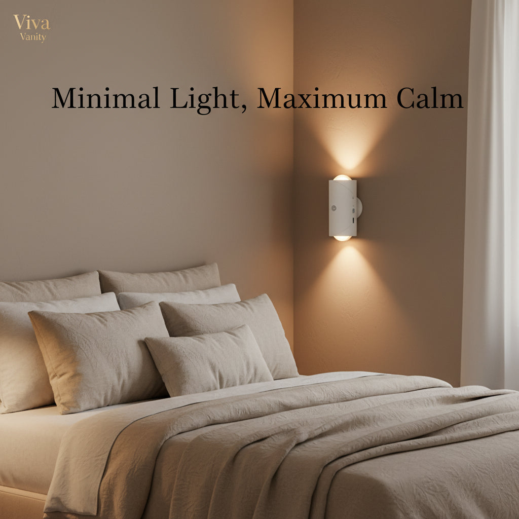 wall light on a wall with a color swatch and two white devices below.