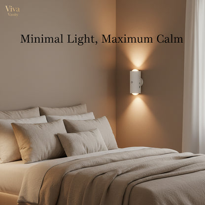 wall light on a wall with a color swatch and two white devices below.