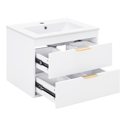24-Inch Floating Wall-Mounted Bathroom Vanity with White Ceramic Sink & Drawer Storage | Sleek & Modern Design