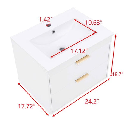 24-Inch Floating Wall-Mounted Bathroom Vanity with White Ceramic Sink & Drawer Storage | Sleek & Modern Design