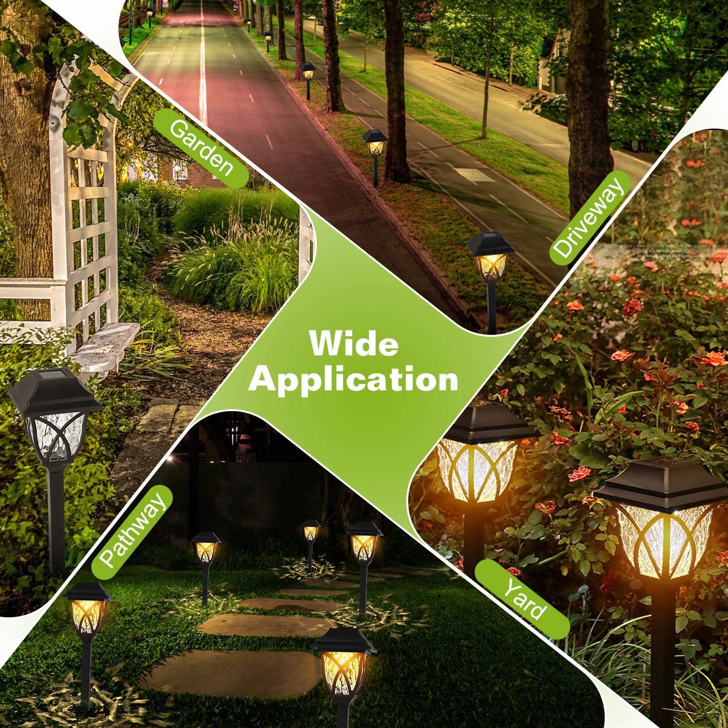 Collage of outdoor lighting fixtures in garden, driveway, pathway, and yard settings with a green label 'Wide Application'.