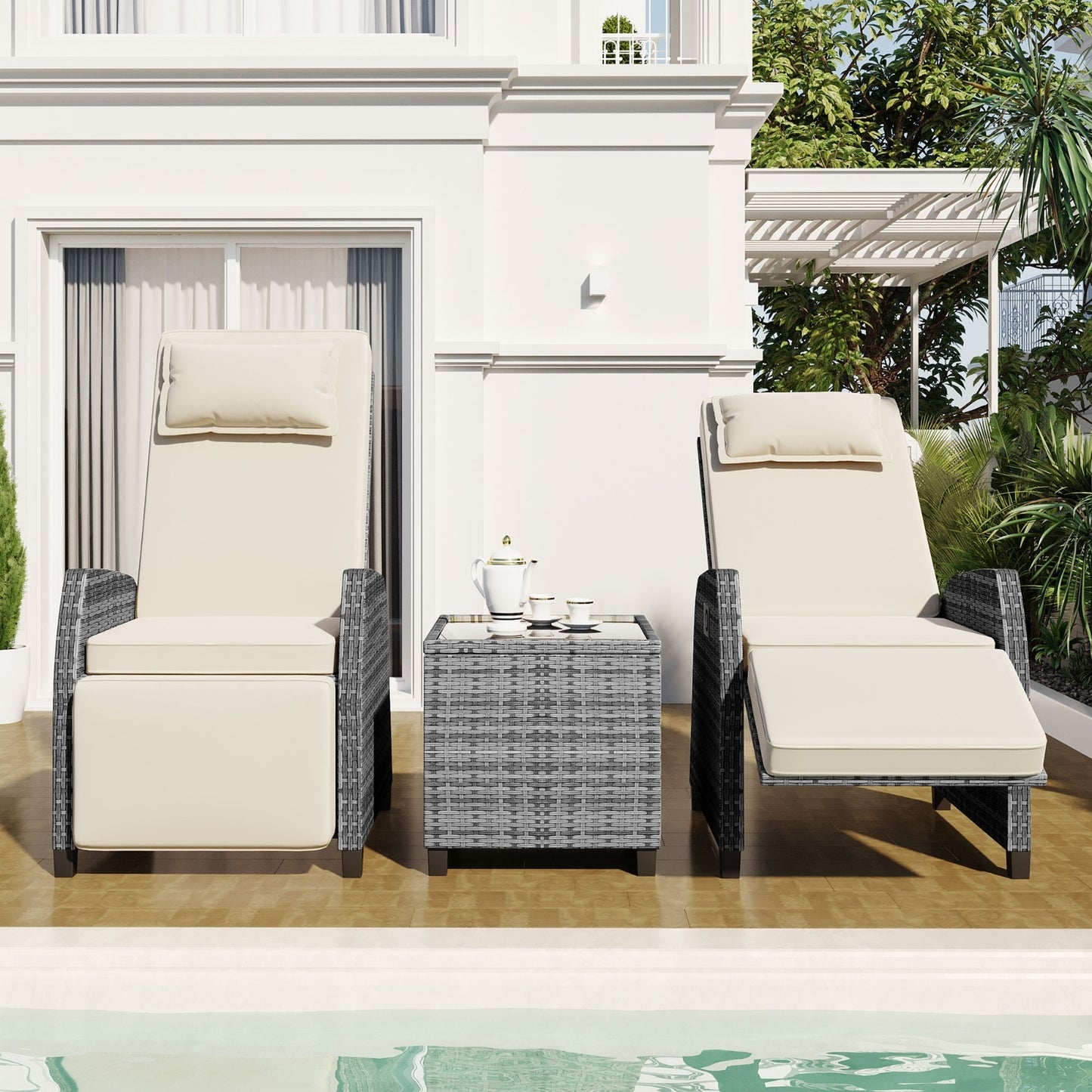 U Style Outdoor Rattan 2-Person Combo W  Coffee Table, Adjustable For Courtyard