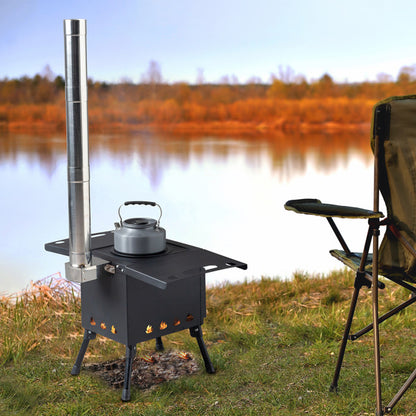 Black Wrought Iron Camping Stove with Chimney – Durable & Efficient Outdoor Cooking