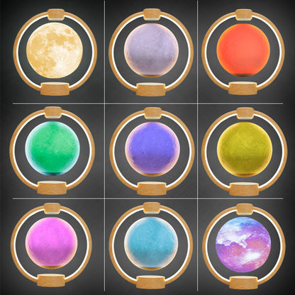 A levitating blue moon lamp with a 3D printed surface, surrounded by a circular LED light, mounted on a wooden base 1