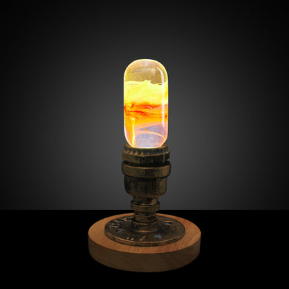 A vintage wooden table lamp with an LED flame bulb, placed on a square base, emitting a warm yellow glow 1