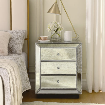 Elegant Silver Mirror Three-Drawer Cabinet – A Perfect Blend of Style and Functionality