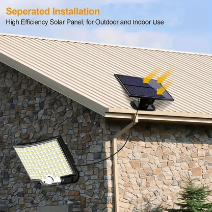 Solar panel on a roof with text about separated installation and high efficiency for outdoor and indoor use.