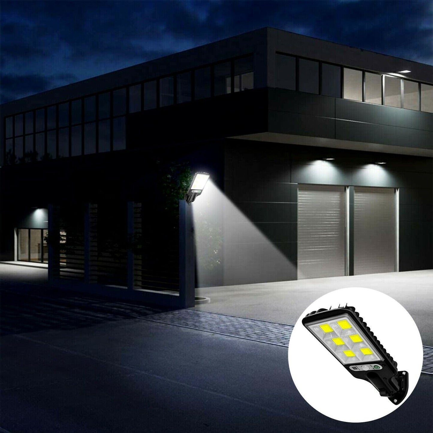 Modern building at night with a street light illuminating the area, inset showing a LED light bulb.