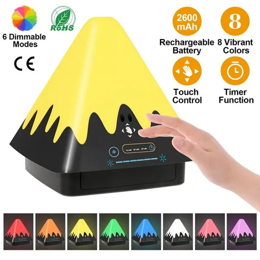 Yellow and black LED lamp with touch control and timer function, showing color options below.