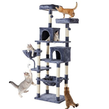 Cat tree with multiple cats on a white background