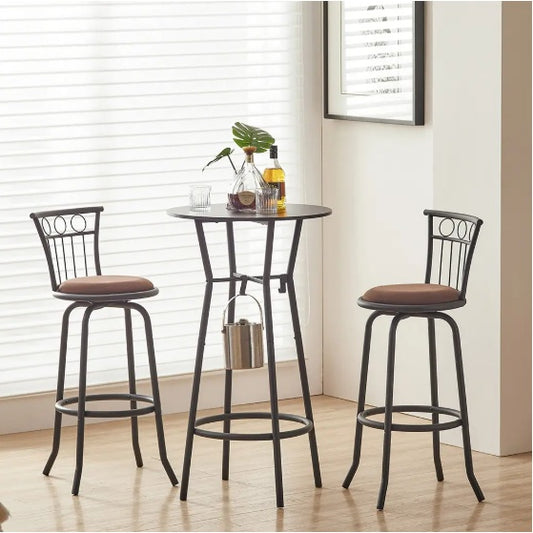 A 3-piece bar table set with a round wood tabletop and matte black metal frames, including two bar stools with beige cushions.