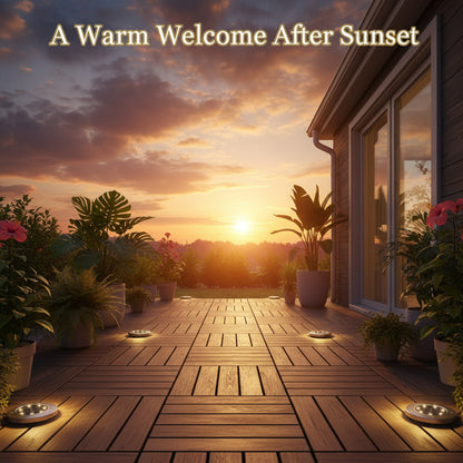 Wooden deck with potted plants and a sunset view, with text 'A Warm Welcome After Sunset'.