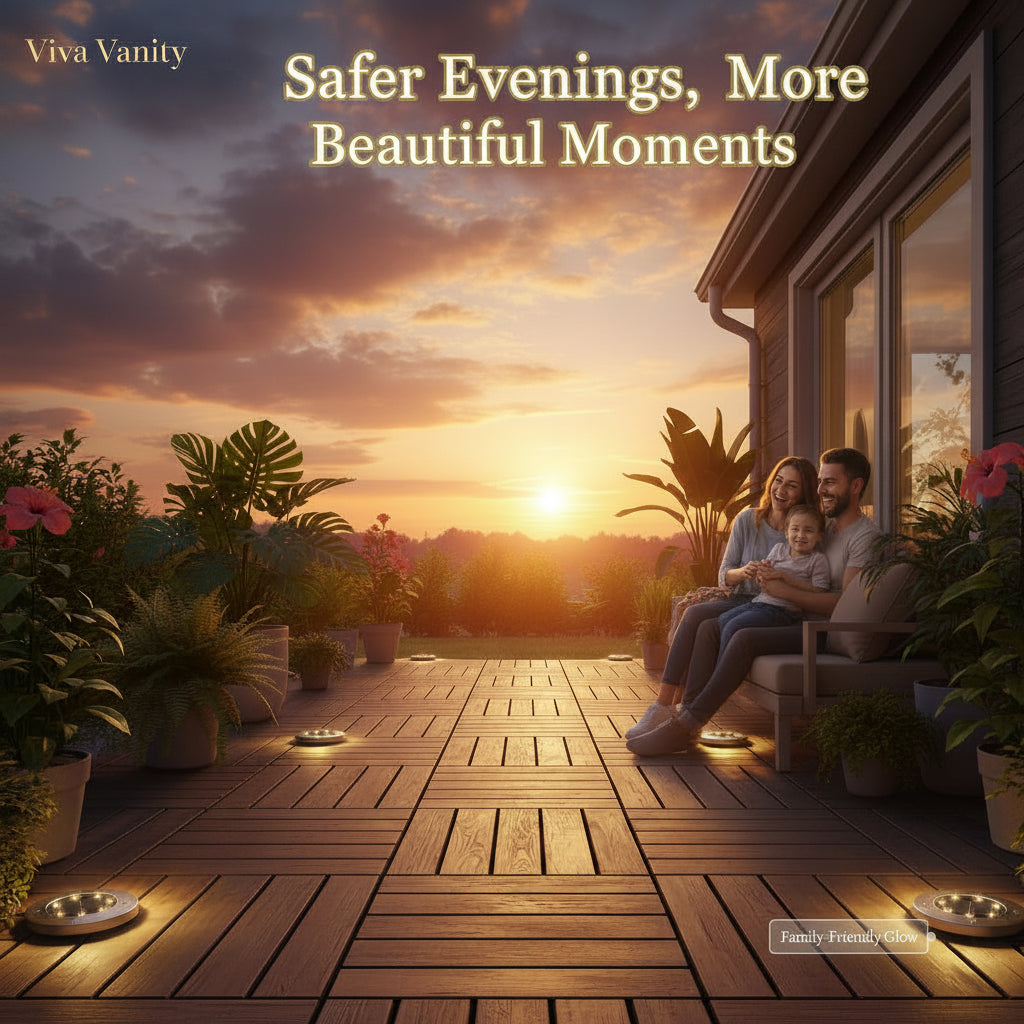 Wooden deck with potted plants and a sunset view, with text 'A Warm Welcome After Sunset'.