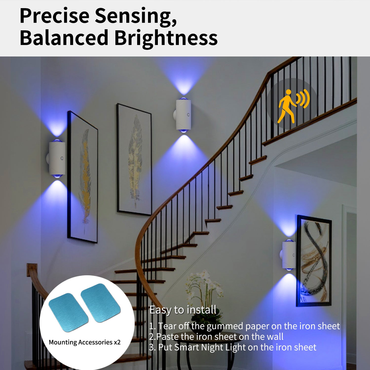 Stairwell with smart night lights on walls, featuring text about precise sensing and balanced brightness.