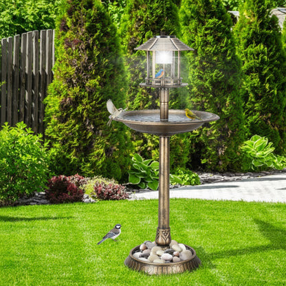 Bird feeder and birdbath with birds on a grassy lawn