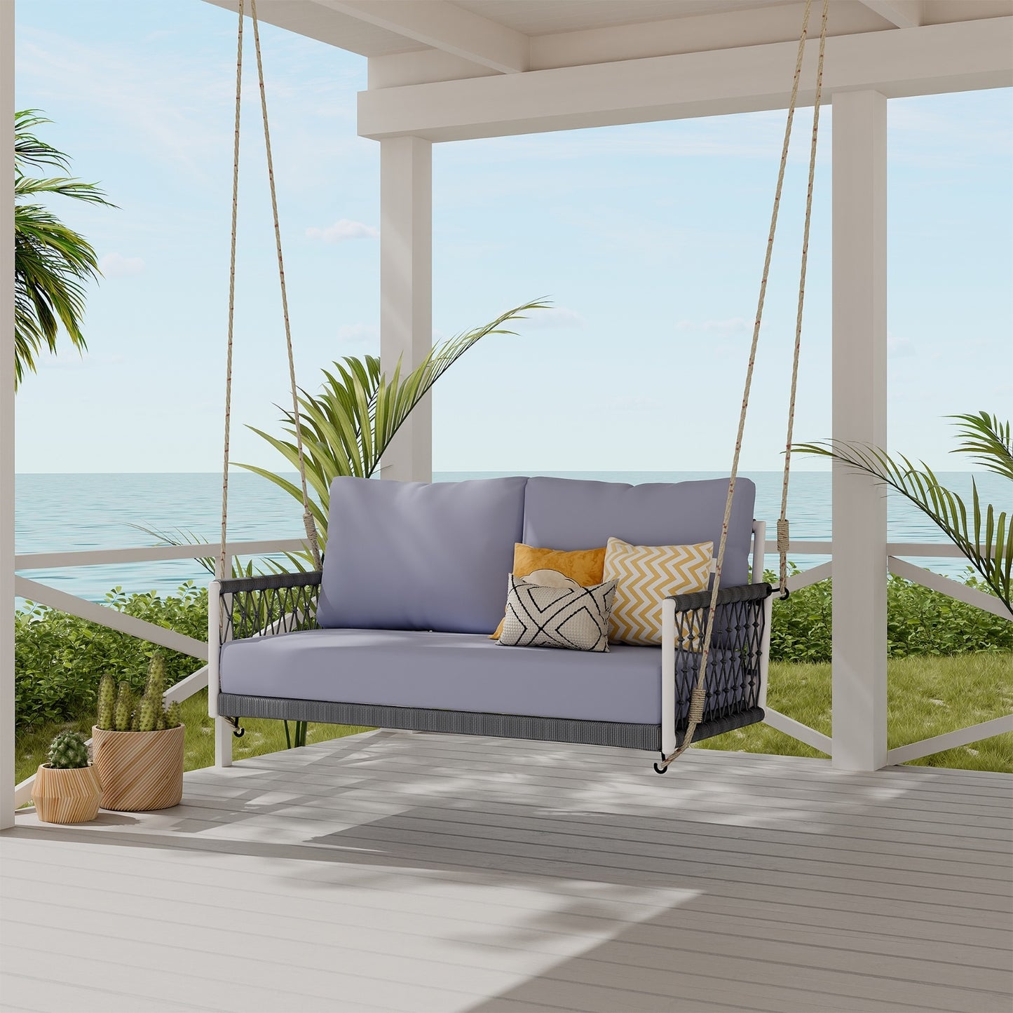 TREXM 1-Piece Woven Rope Outdoor Swing Sofa With Soft Cushions Seating 2 For Patio, Courtyard And Ba