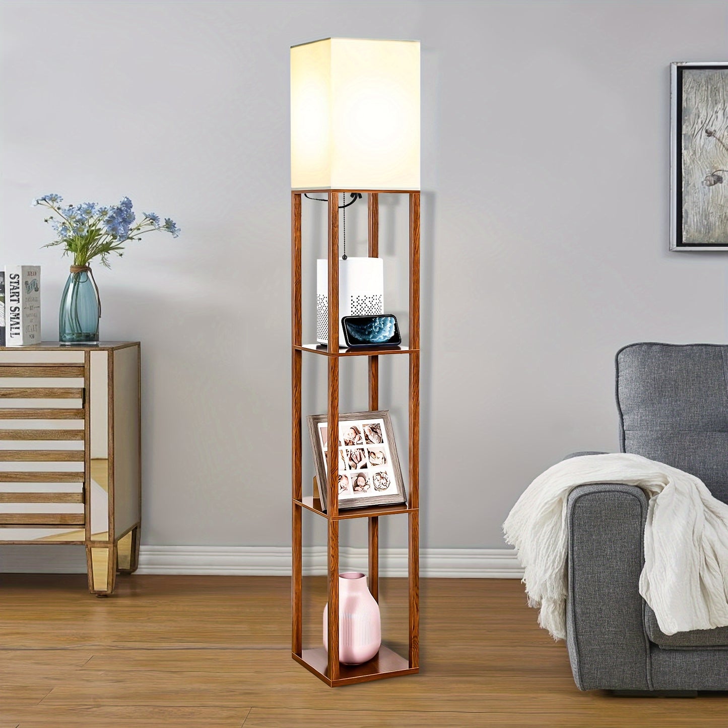 floor lamp with shelf with wooden shelf