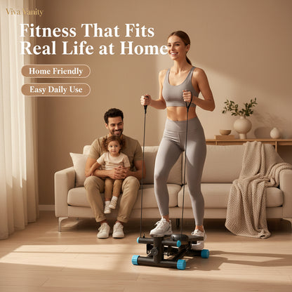Step machine with resistance bands and a woman exercising on a white background