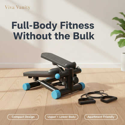 Step machine with resistance bands and a woman exercising on a white background