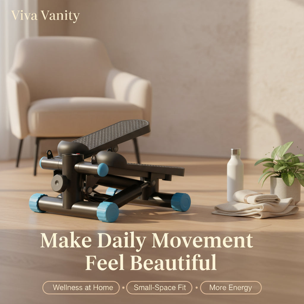Step machine with resistance bands and a woman exercising on a white background