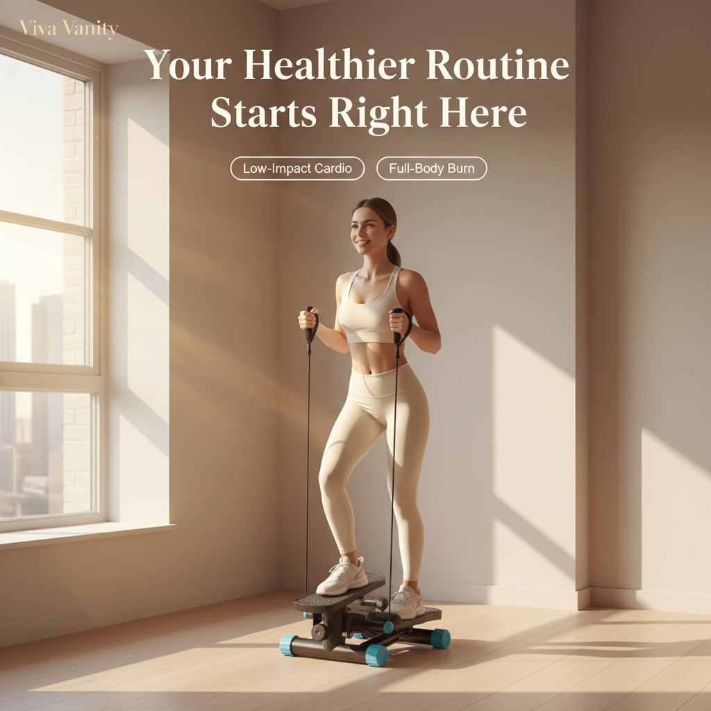 Step machine with resistance bands and a woman exercising on a white background