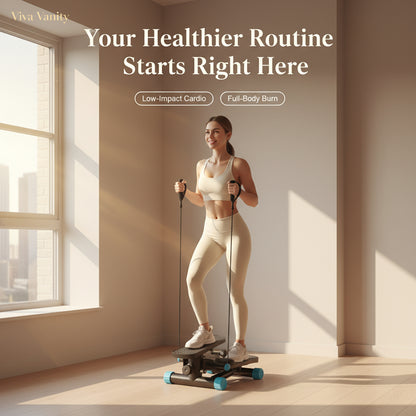 Step machine with resistance bands and a woman exercising on a white background