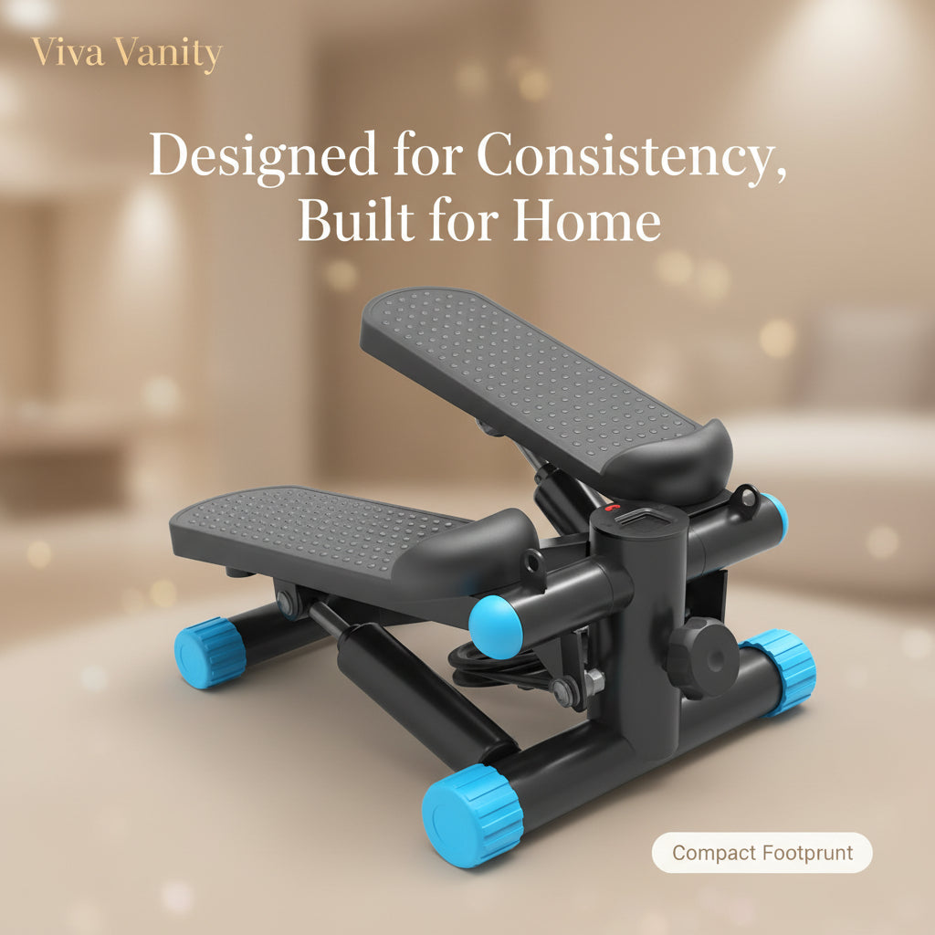 Step machine with resistance bands and a woman exercising on a white background