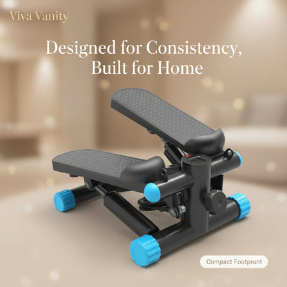 Step machine with resistance bands and a woman exercising on a white background