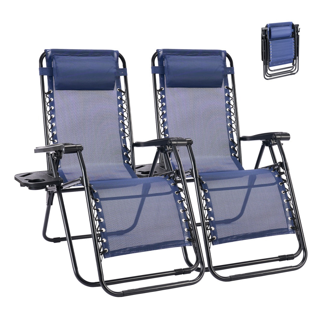 Two blue lounge chairs with black frames on a white background