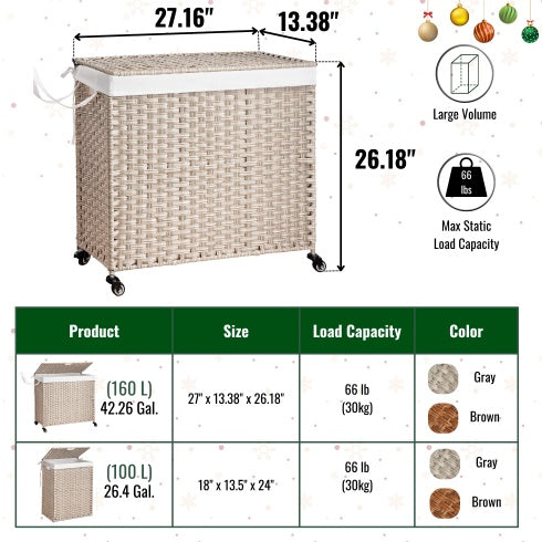 Viva Atelier Cascade 160L Rattan Laundry Hamper with Lid & Removable Bags