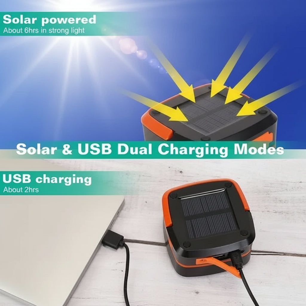 Solar-powered device with solar panel and USB cable on a wooden surface, with text indicating charging modes.