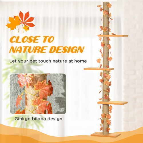 Pawhut Floor To Ceiling Cat Tree, 80- 95 Adjustable Tall Cat Tower, 3-Level Cat Climbing Towe For Indoor Cats With Sisal Scratching Post, Platforms, Leaves, Orange
