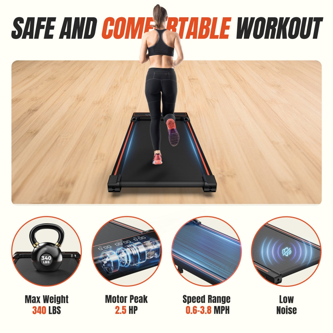 Person using a treadmill with safety and comfort features highlighted on a wooden floor.
