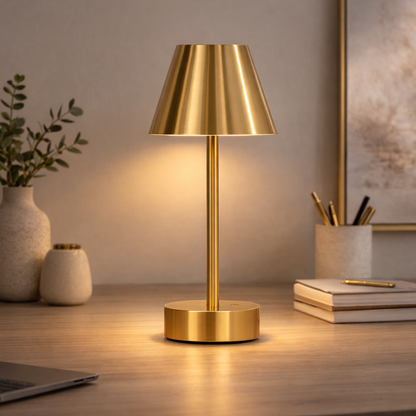 Antique brass rechargeable LED table lamp with tapered shade and round base