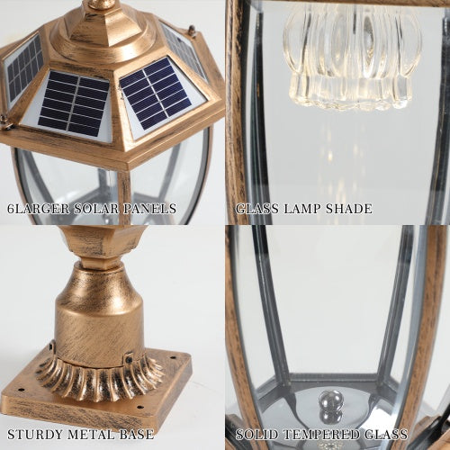 Vintage Gold Solar Pillar Headlights with Dimmable LEDs (2-Pack) – Elegant Outdoor Illumination