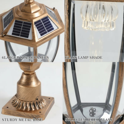 Solar-powered outdoor lamp with glass shade and metal base, featuring text labels on components.