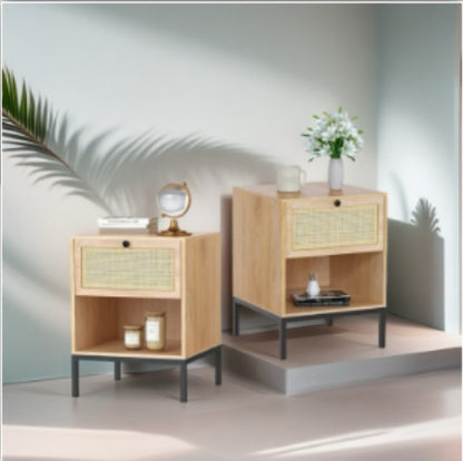 wooden nightstand with woven-rattan drawer styling