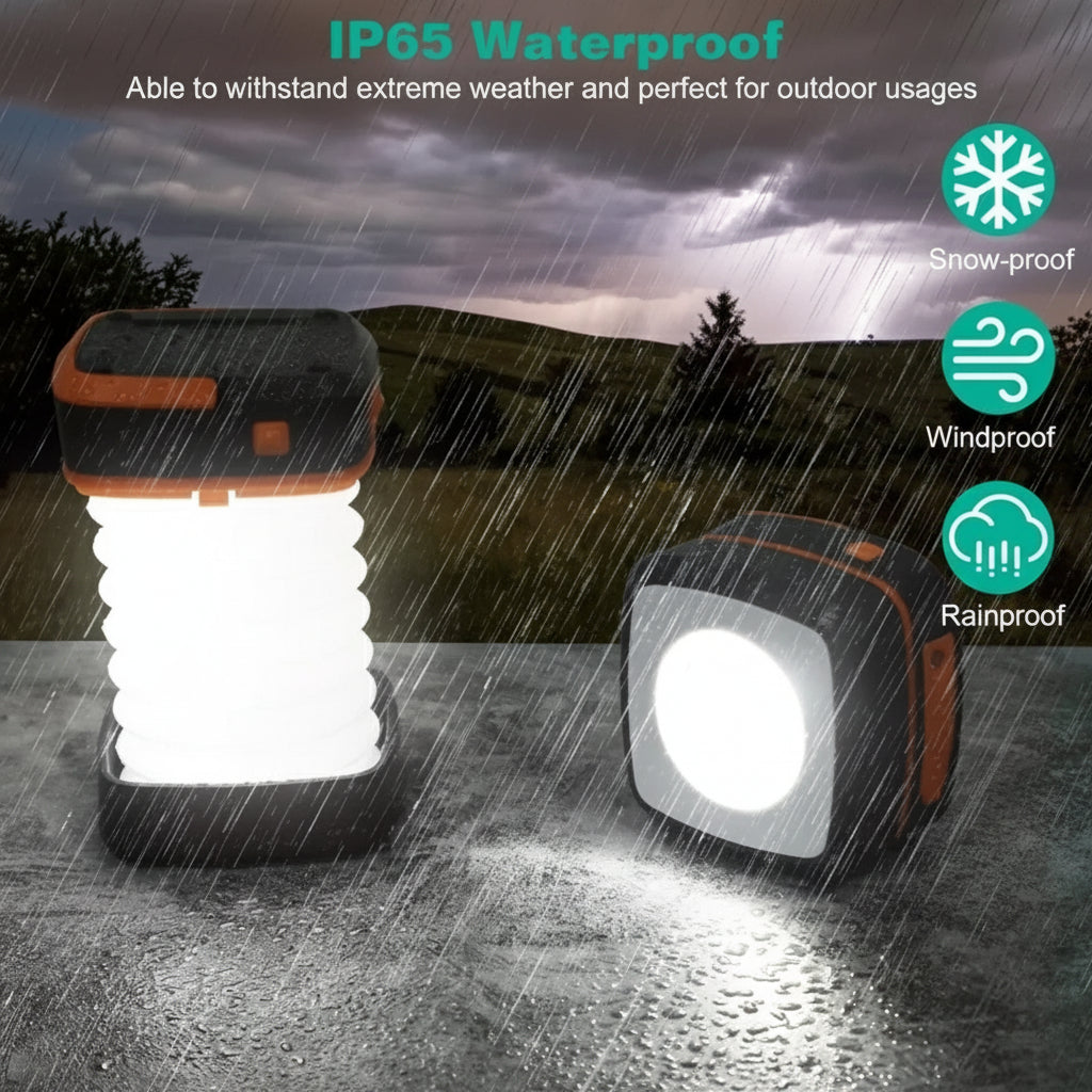 Two outdoor lights with rainproof features on a rainy day background