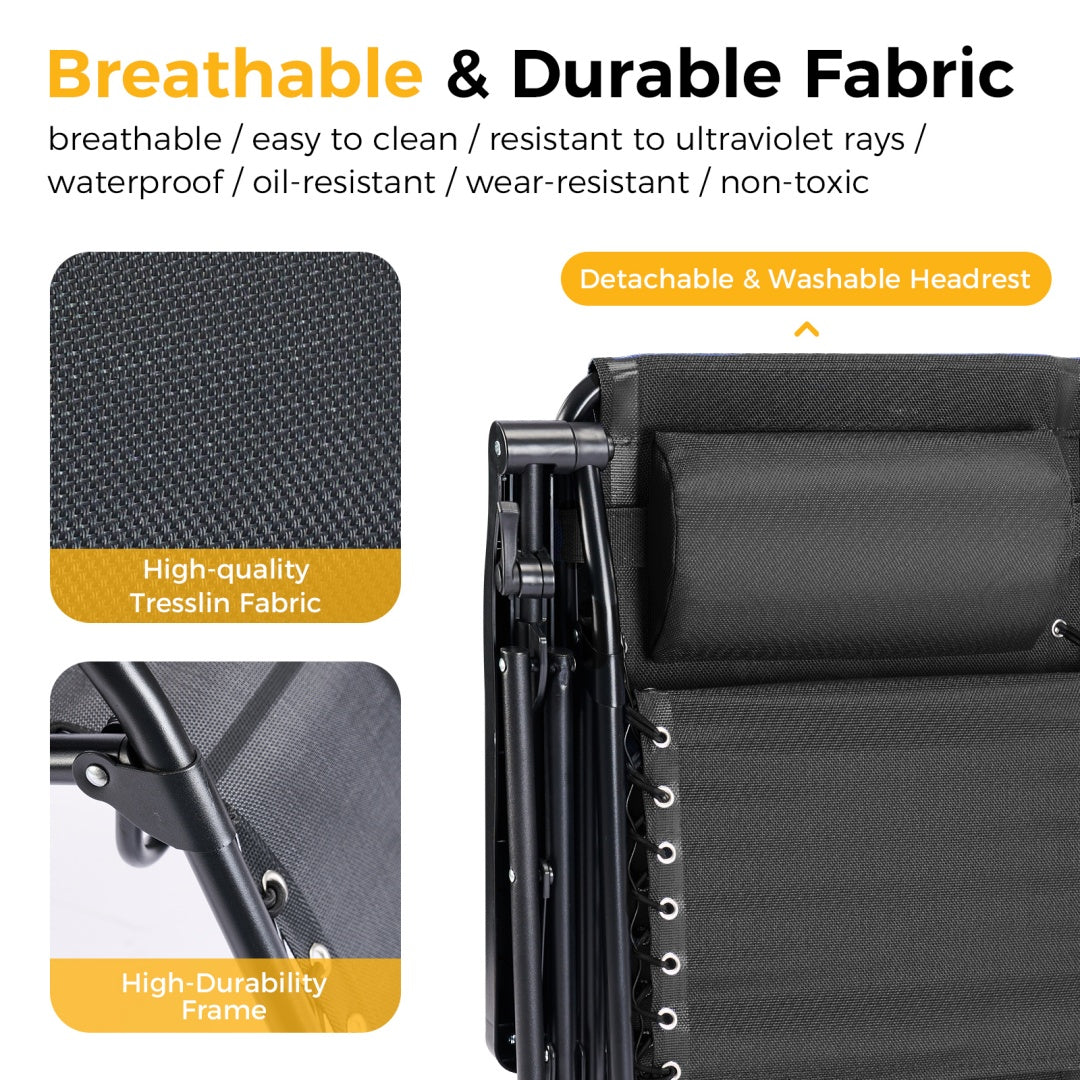 Black recliner chair with breathable and durable fabric features highlighted.