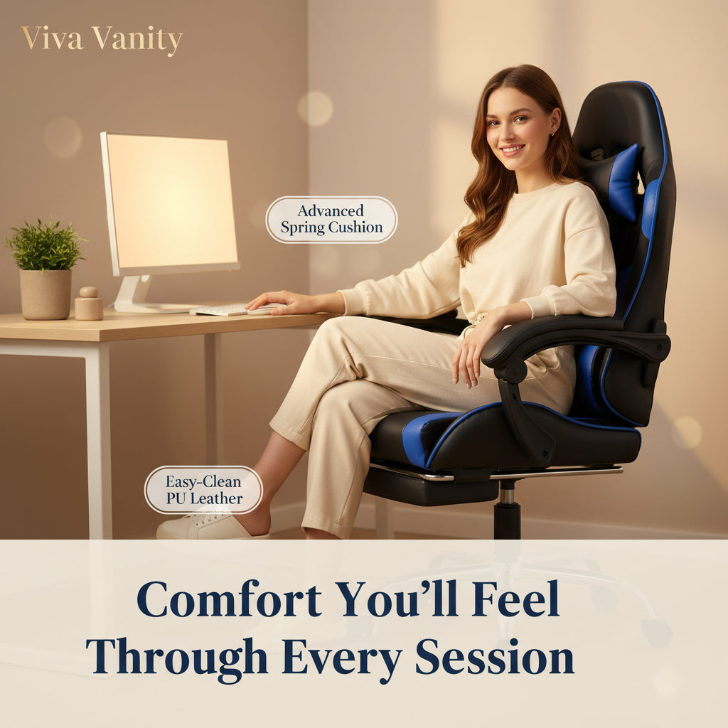 Black and blue office chair with chrome base on a white background