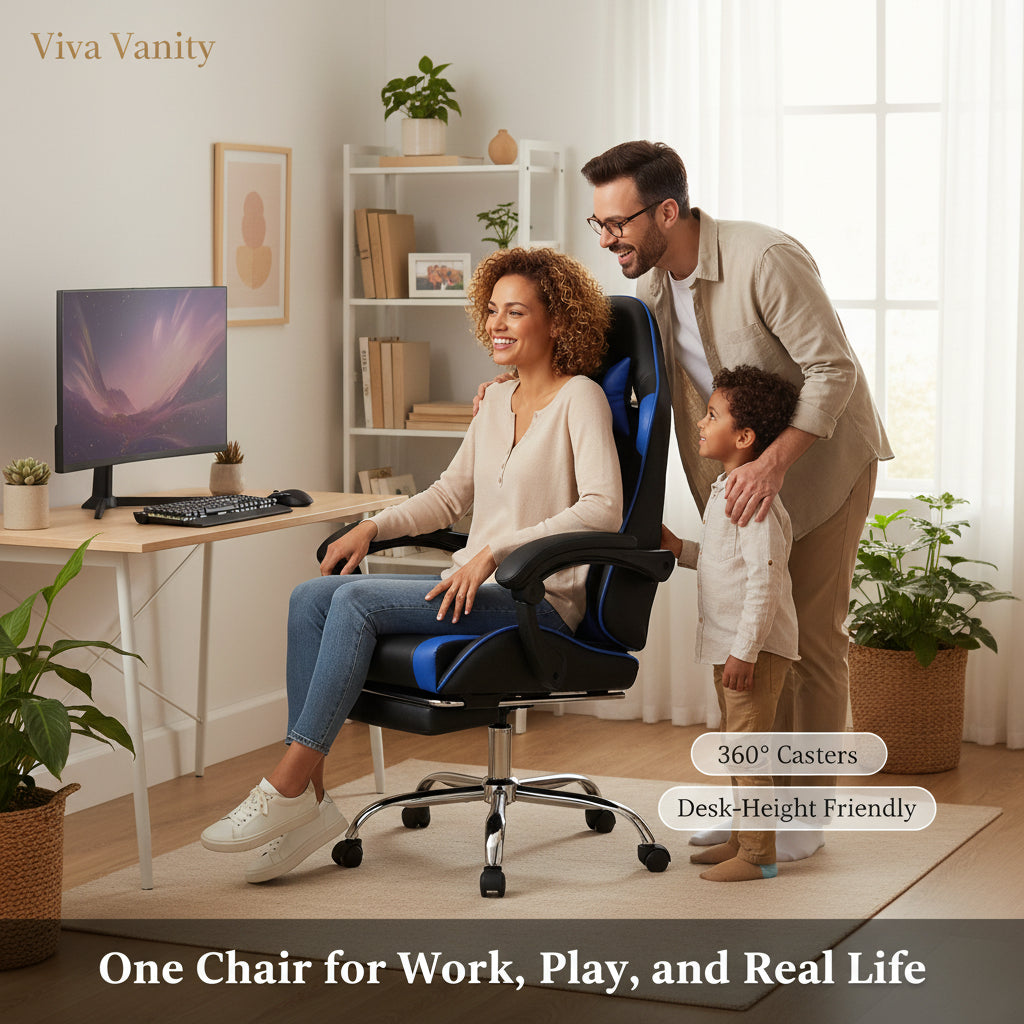 Black and blue office chair with family