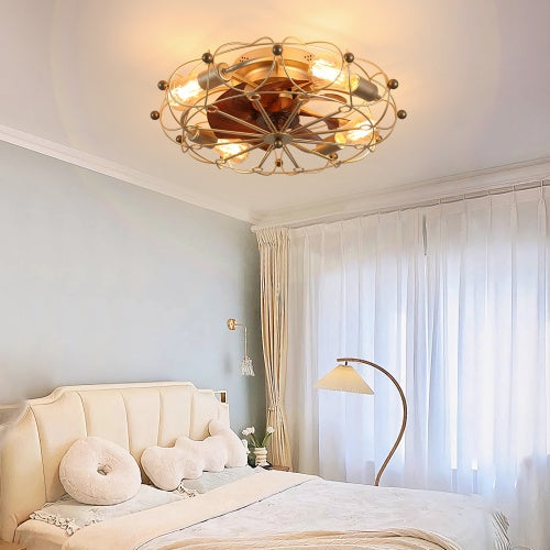 Low-Profile Industrial Cage Ceiling Fan with Light & Remote Control | Modern & Space-Saving Design