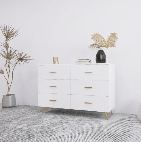 High-Gloss 6-Drawer Dresser with Gold Accents – Modern Luxury Storage Solution